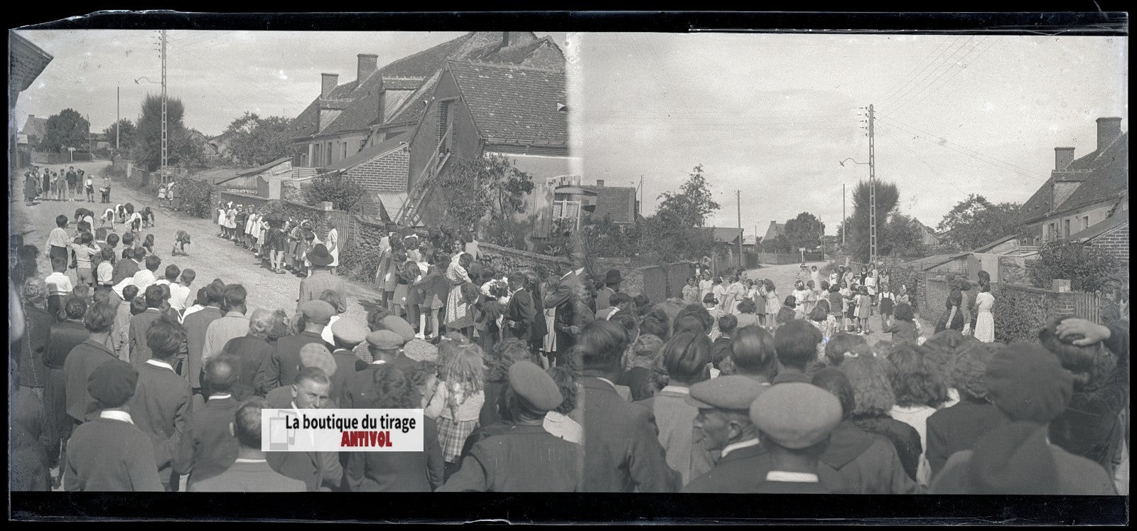 Fête de village, France, plaque verre, photo ancienne, négatif N&B 6x13 cm