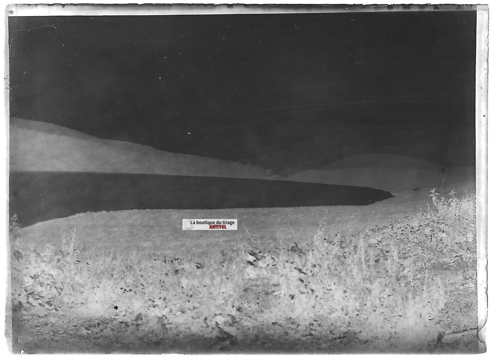 Plaque verre photo ancienne négatif noir et blanc 6x9 cm lac eau France vintage 