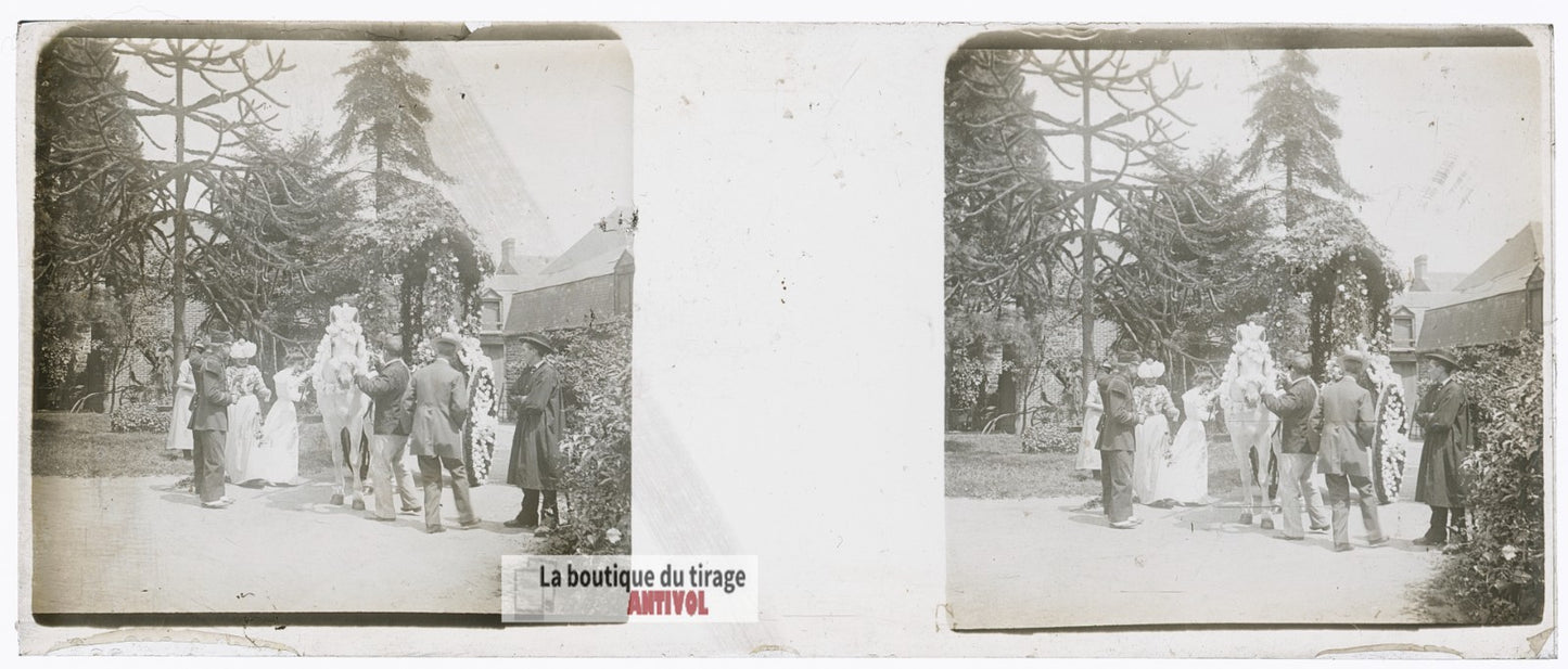 Fête élégante, cheval, village, plaque verre stéréo, photo ancienne 4,5x10,7 cm