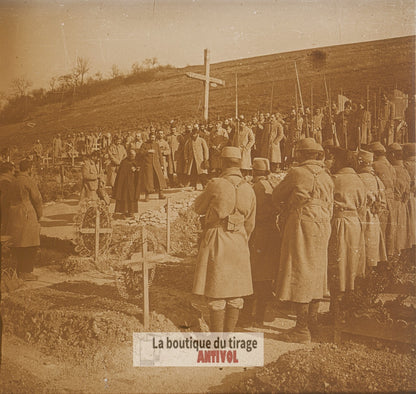 Mouilly, enterrement, guerre WW1, plaque verre photo ancienne stéréo 6x13 cm