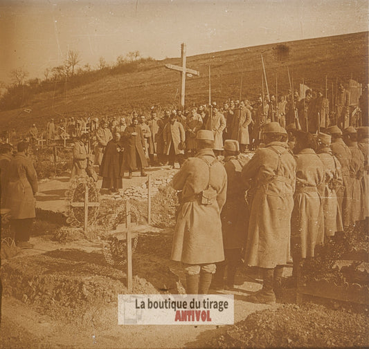 Mouilly, enterrement, guerre WW1, plaque verre photo ancienne stéréo 6x13 cm