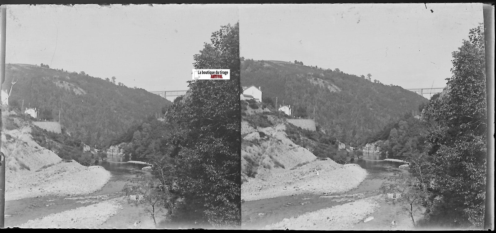 Sauret-Besserve Viaduc, Plaque verre photo, stéréo négatif noir & blanc 6x13 cm