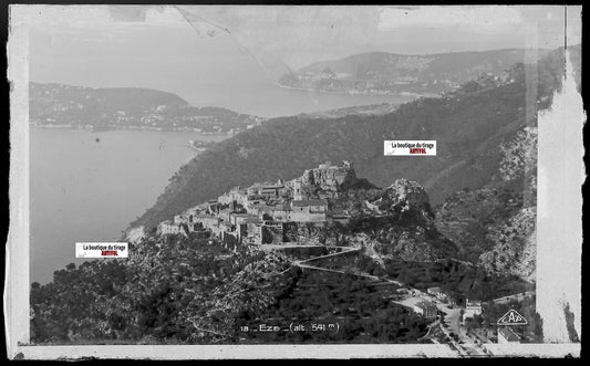 Plaque verre photo ancienne négatif noir & blanc 9x14 cm, Èze + tirage papier