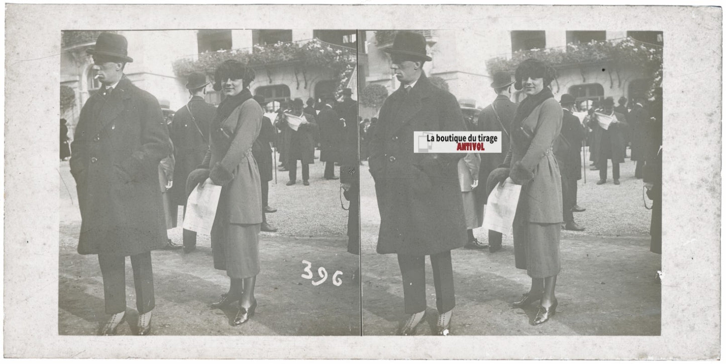 Scène de vie, Longchamp, Paris, plaque verre stéréoscopique, positif 8,5x17 cm