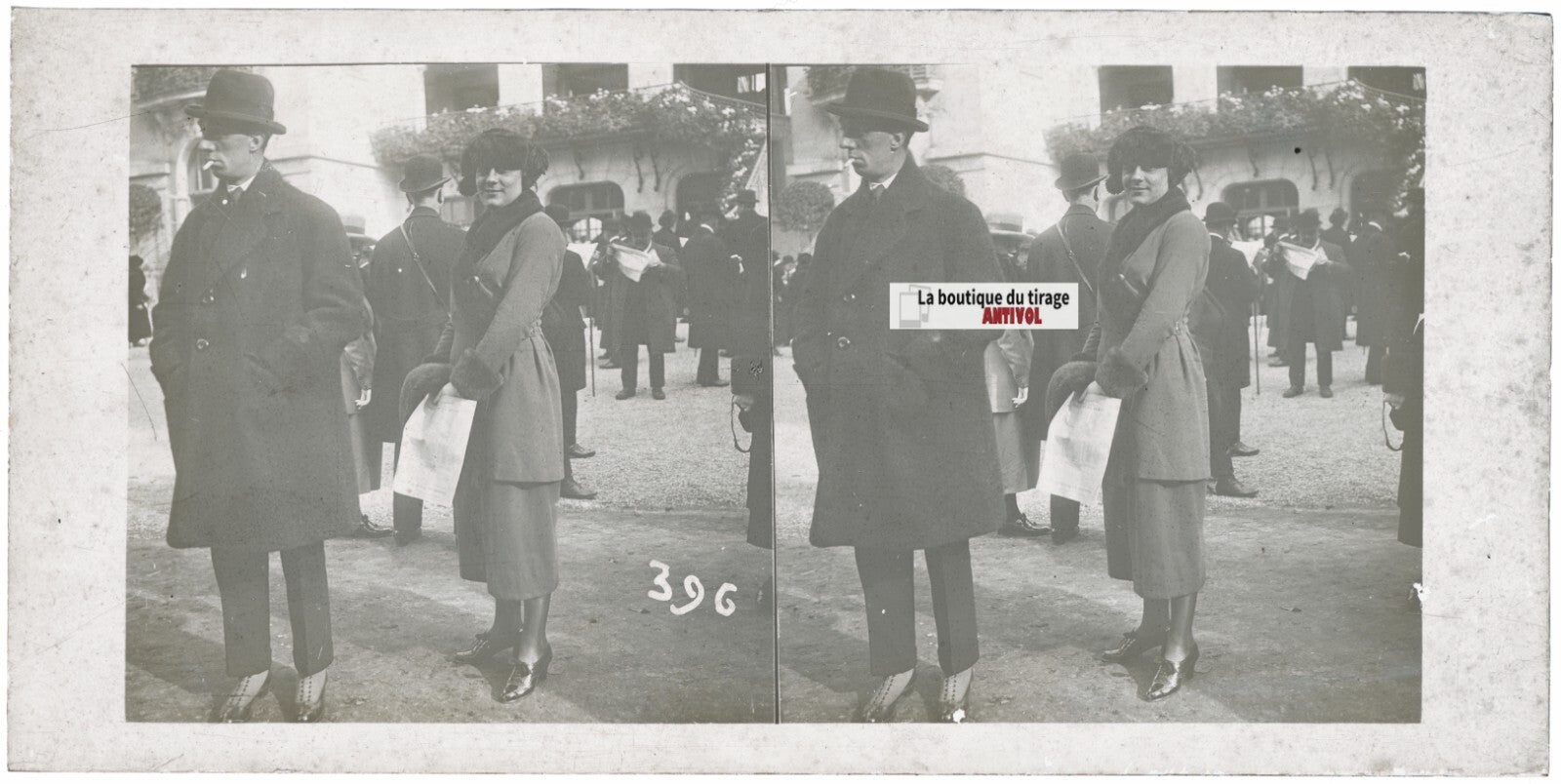 Scène de vie, Longchamp, Paris, plaque verre stéréoscopique, positif 8,5x17 cm