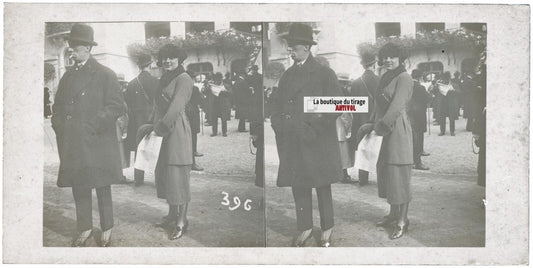 Scène de vie, Longchamp, Paris, plaque verre stéréoscopique, positif 8,5x17 cm