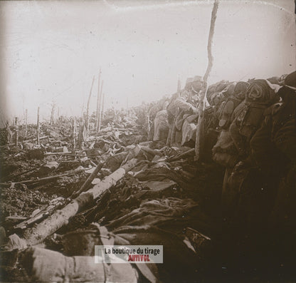 Éparges 1915, soldats, guerre WW1, plaque verre photo ancienne stéréo 6x13 cm