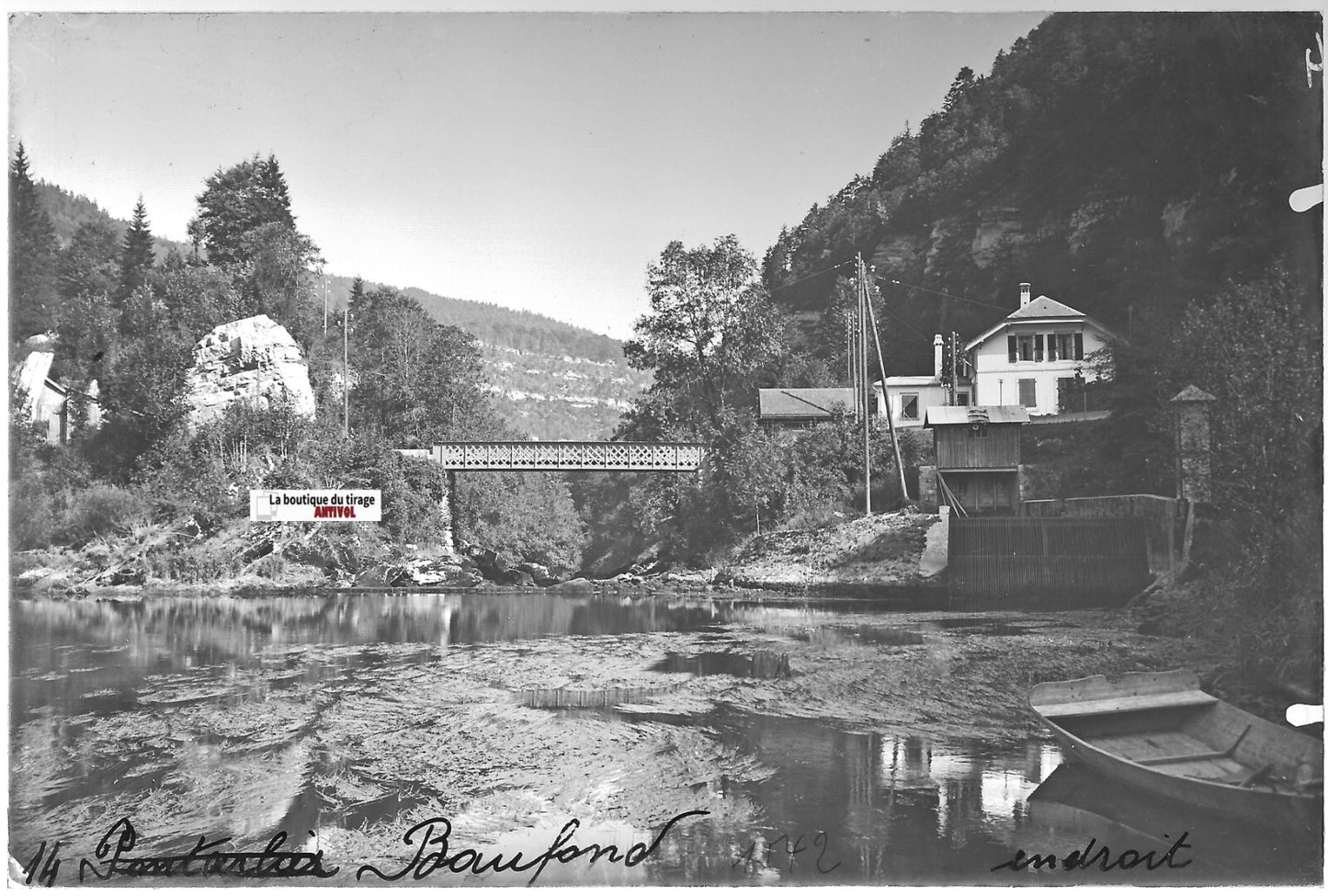 Lac Biaufond, Doubs, Plaque verre photo ancienne, positif noir & blanc 10x15 cm