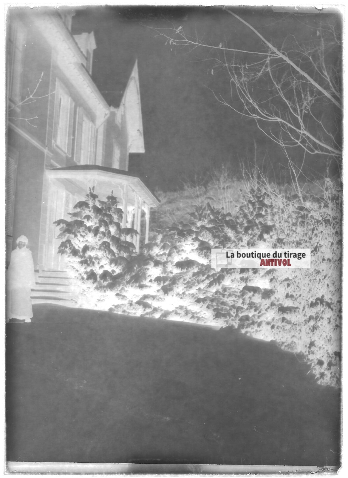 Plaque verre photo ancienne négatif noir et blanc 13x18 cm maison neige hiver