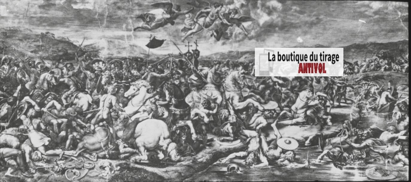 La bataille de Constantin, dessin, ancienne plaque de verre, positif 8,5x10 cm