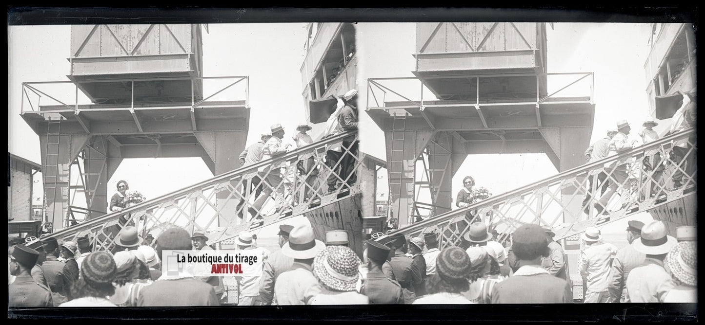 Algérie, bateau, plaque verre, photo stéréo, négatif noir & blanc 6x13 cm