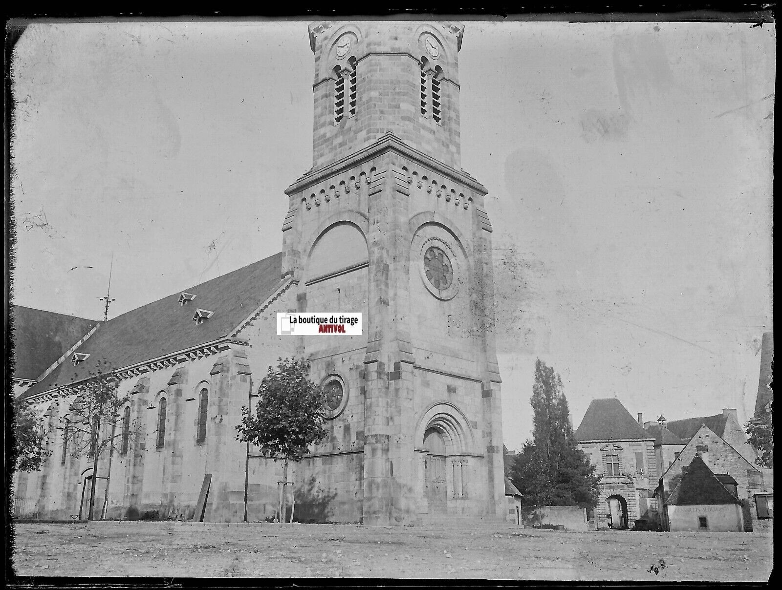 Château Pionsat, église, Plaque verre photo, négatif noir & blanc 9x12 cm France