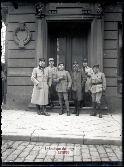 Officiers français, soldats, plaque verre, photo ancienne, négatif 9x12 cm