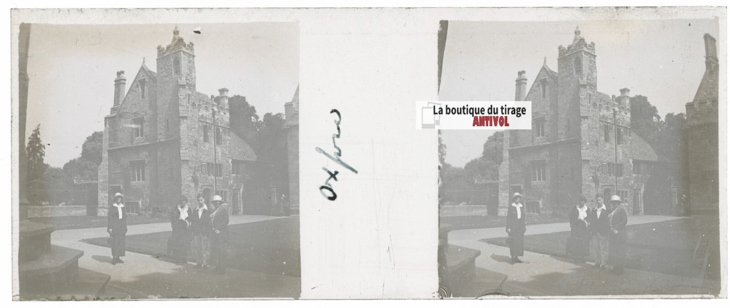 Magdalen College, Oxford, Plaque verre stéréo, positif noir & blanc 4,5x10,7 cm