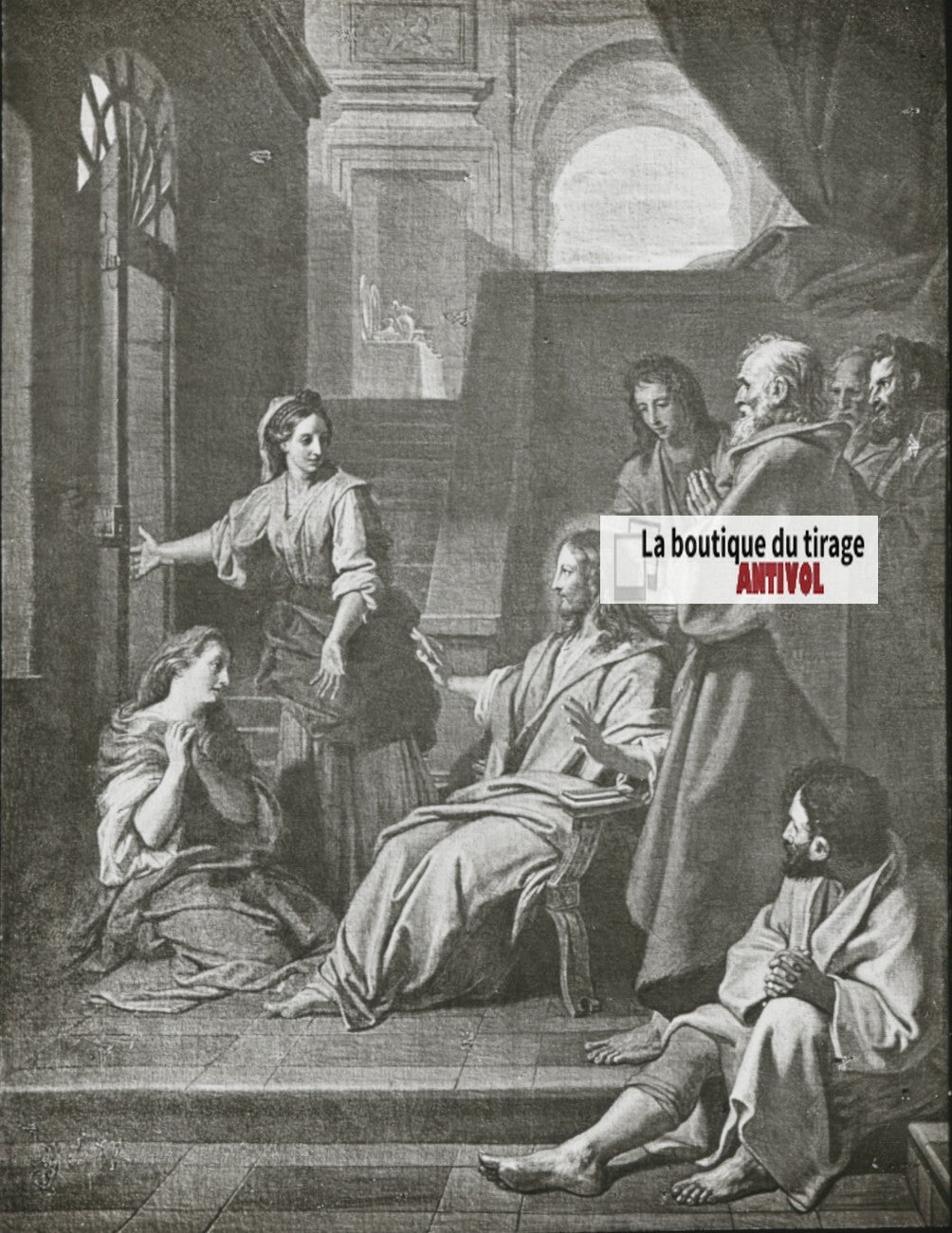 Le Christ chez Marthe et Marie, dessin peinture, plaque verre, positif 8,5x10 cm