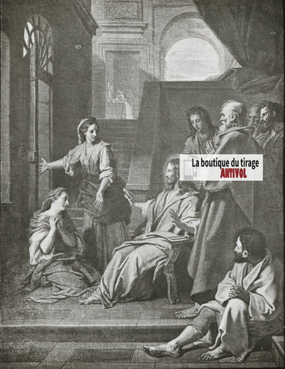 Le Christ chez Marthe et Marie, dessin peinture, plaque verre, positif 8,5x10 cm