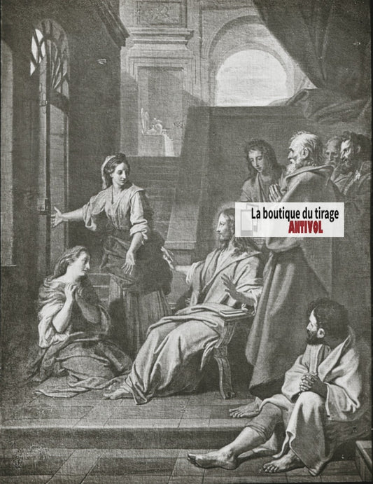 Le Christ chez Marthe et Marie, dessin peinture, plaque verre, positif 8,5x10 cm
