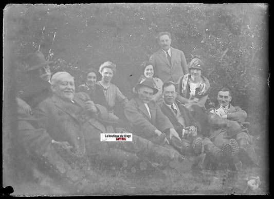 Campagne, famille, Plaque verre photo ancienne, négatif noir & blanc 6x9 cm