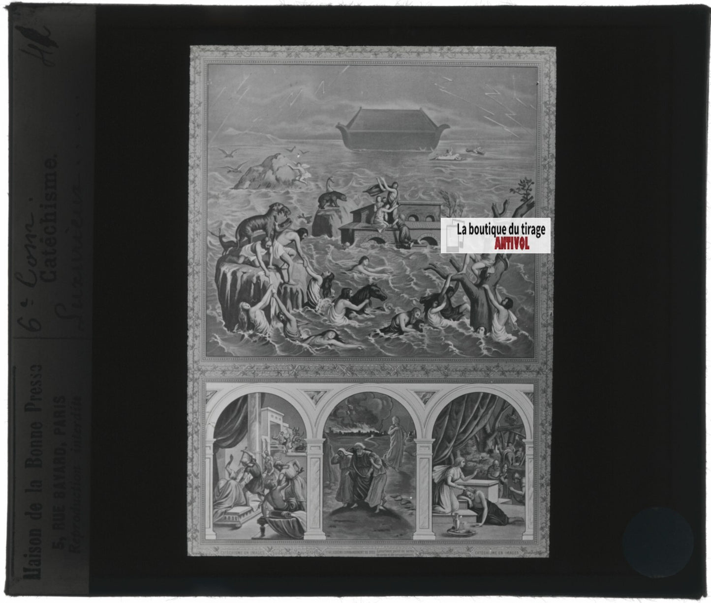 Scène religieuse, catéchisme, dessin peinture, plaque verre, positif 8,5x10 cm