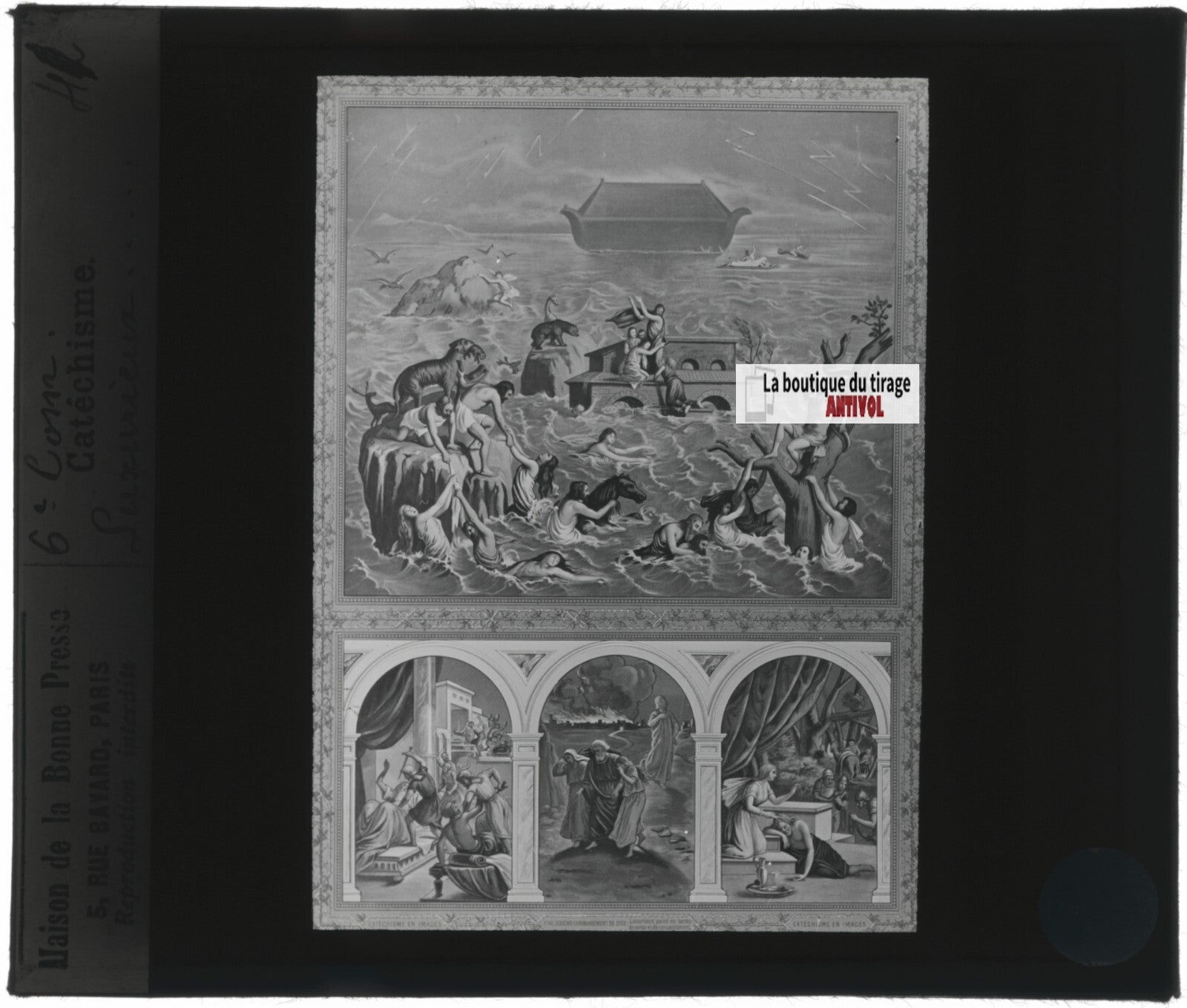 Scène religieuse, catéchisme, dessin peinture, plaque verre, positif 8,5x10 cm