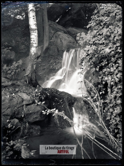 Cascade du bois de Boulogne Paris, plaque verre, photo ancienne, négatif 9x12 cm