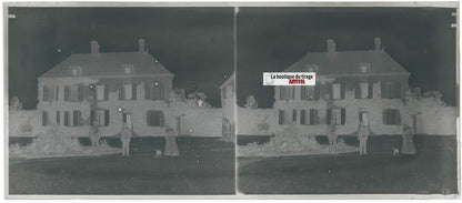 Maison, château, famille, stéréo photo ancienne plaque verre, négatif 8x18 cm