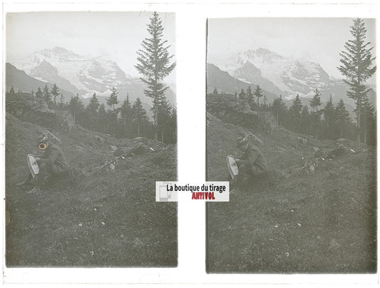Randonnée, Alpes Suisse, stéréo photo plaque verre, noir & blanc, 9x12 cm