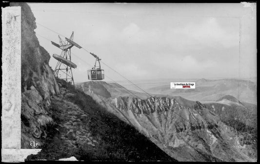 Plaque verre photo négatif noir & blanc 9x14 cm, Mont-Dore, téléphérique Sancy