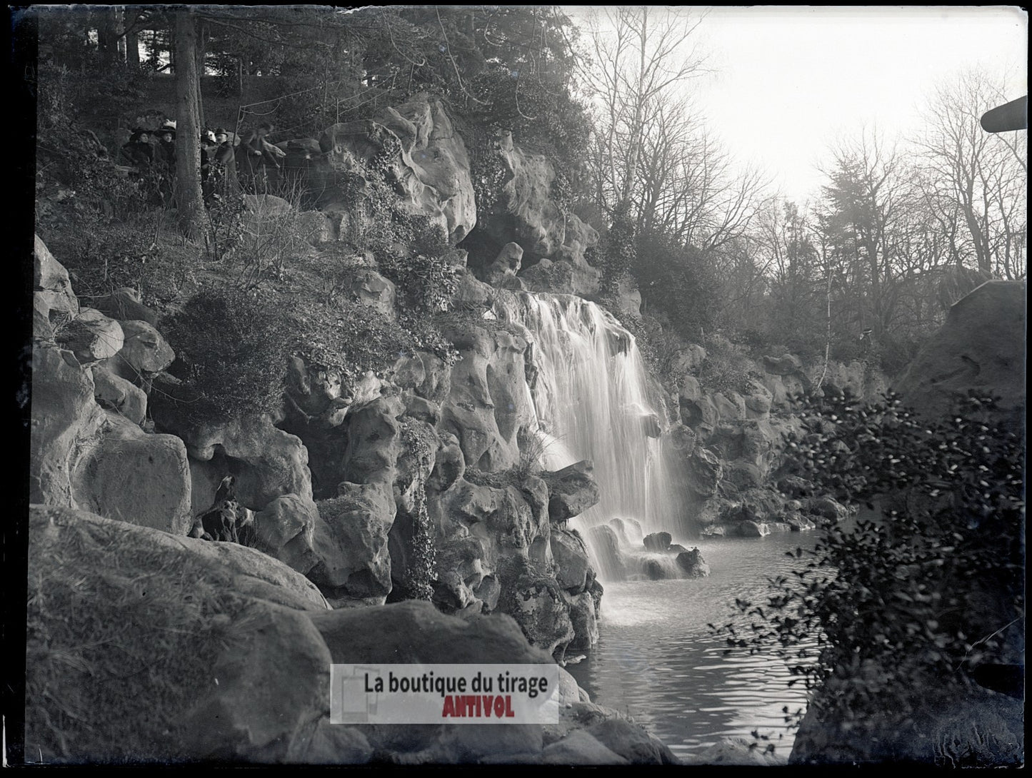Cascade, Bois de Boulogne, Paris, plaque verre, photo ancienne, négatif 9x12 cm