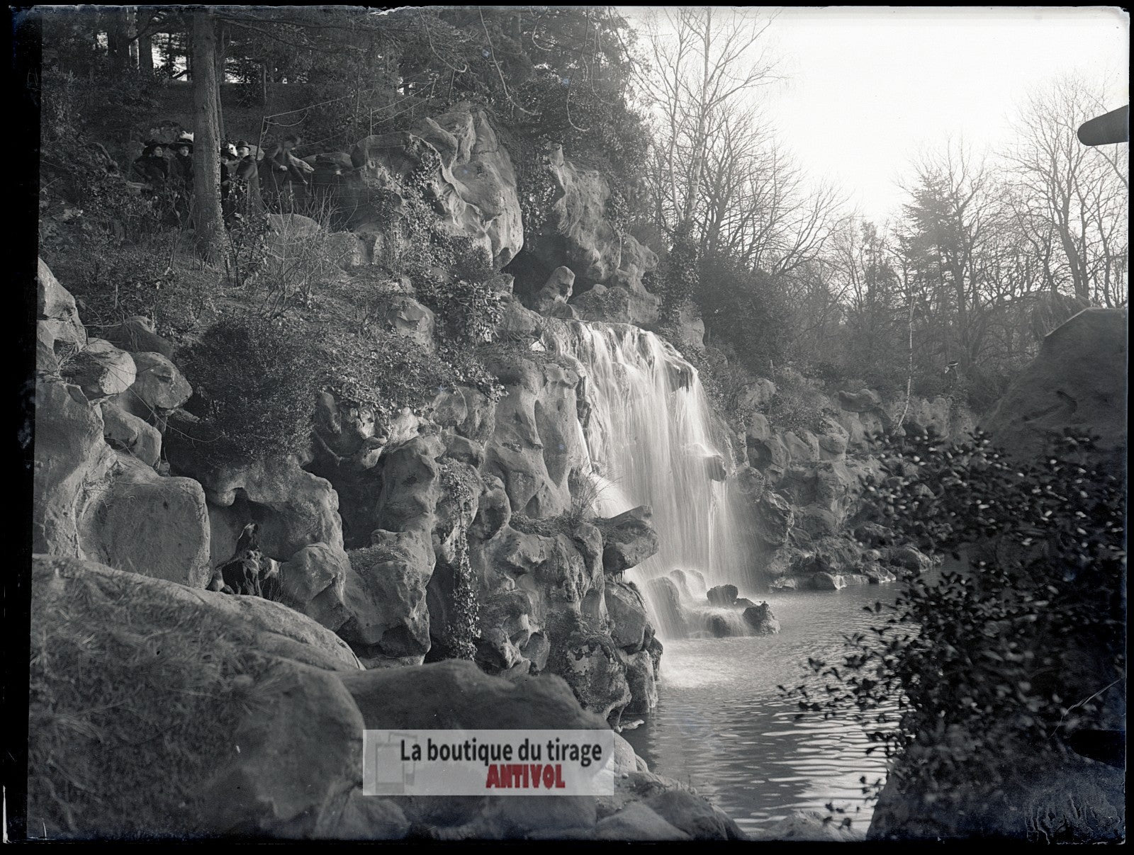 Cascade, Bois de Boulogne, Paris, plaque verre, photo ancienne, négatif 9x12 cm