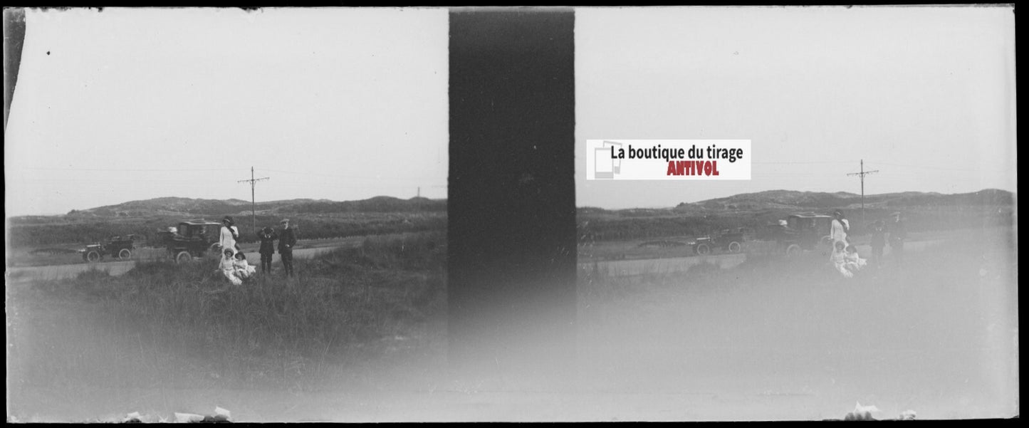 Famille, voiture, Plaque verre stéréoscopie, négatif noir & blanc 4,5x10,7 cm