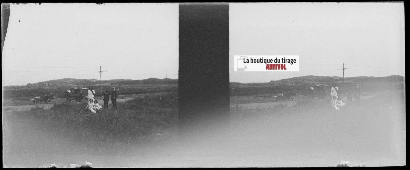 Famille, voiture, Plaque verre stéréoscopie, négatif noir & blanc 4,5x10,7 cm