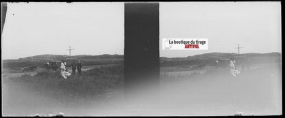 Famille, voiture, Plaque verre stéréoscopie, négatif noir & blanc 4,5x10,7 cm