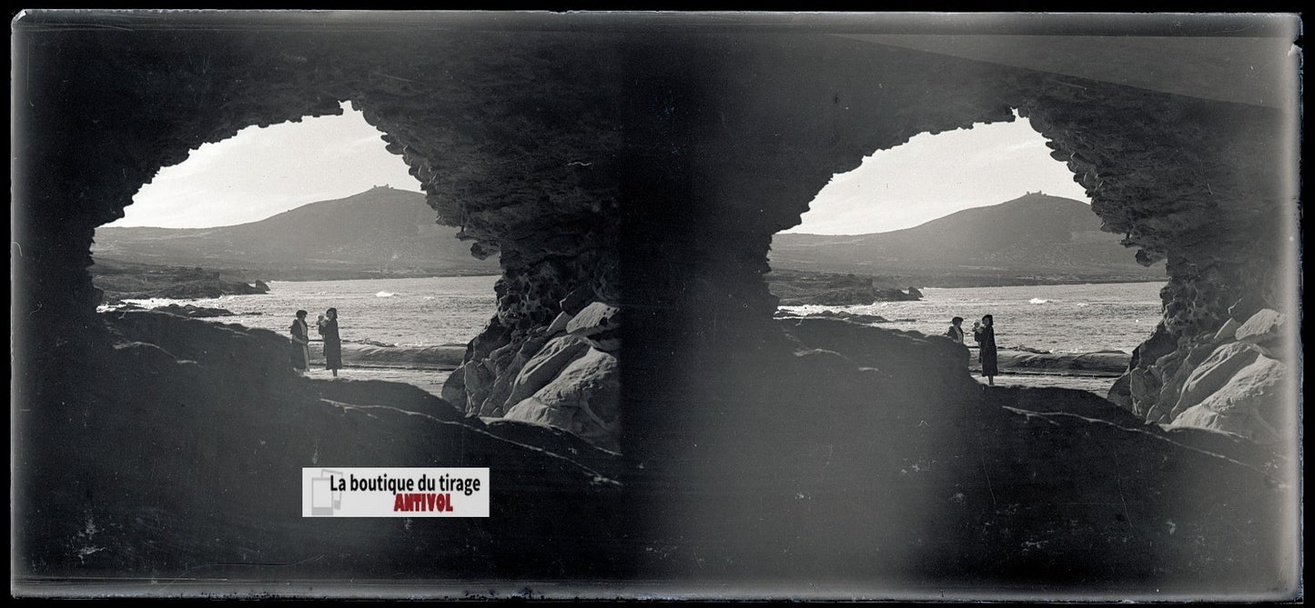 Algérie, paysage mer, plaque verre, photo stéréo, négatif N&B 6x13 cm