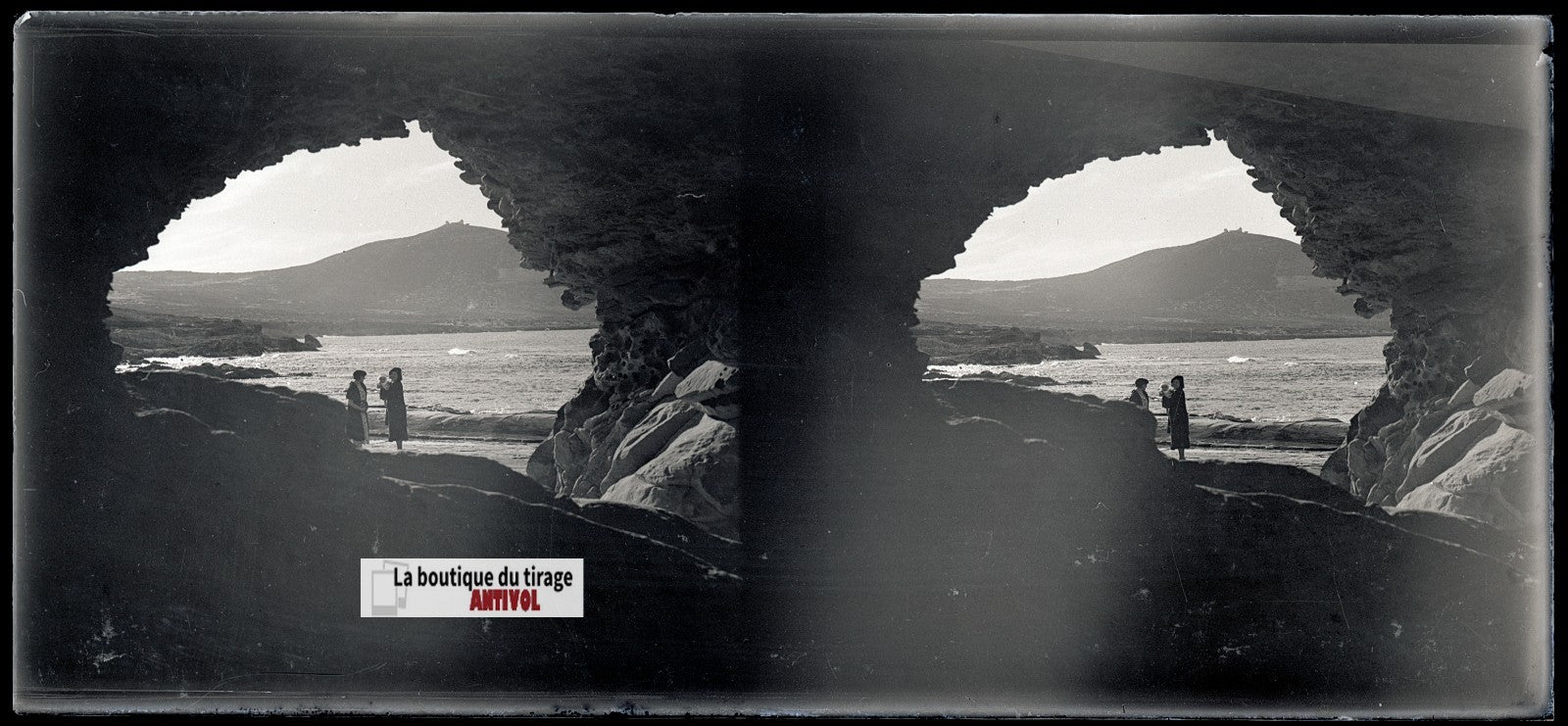 Algérie, paysage mer, plaque verre, photo stéréo, négatif N&B 6x13 cm