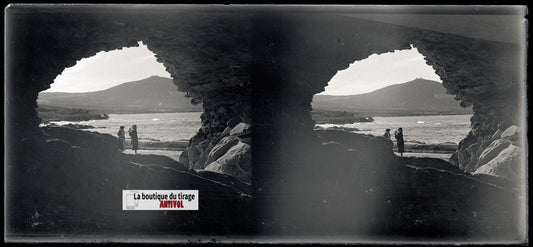 Algérie, paysage mer, plaque verre, photo stéréo, négatif N&B 6x13 cm