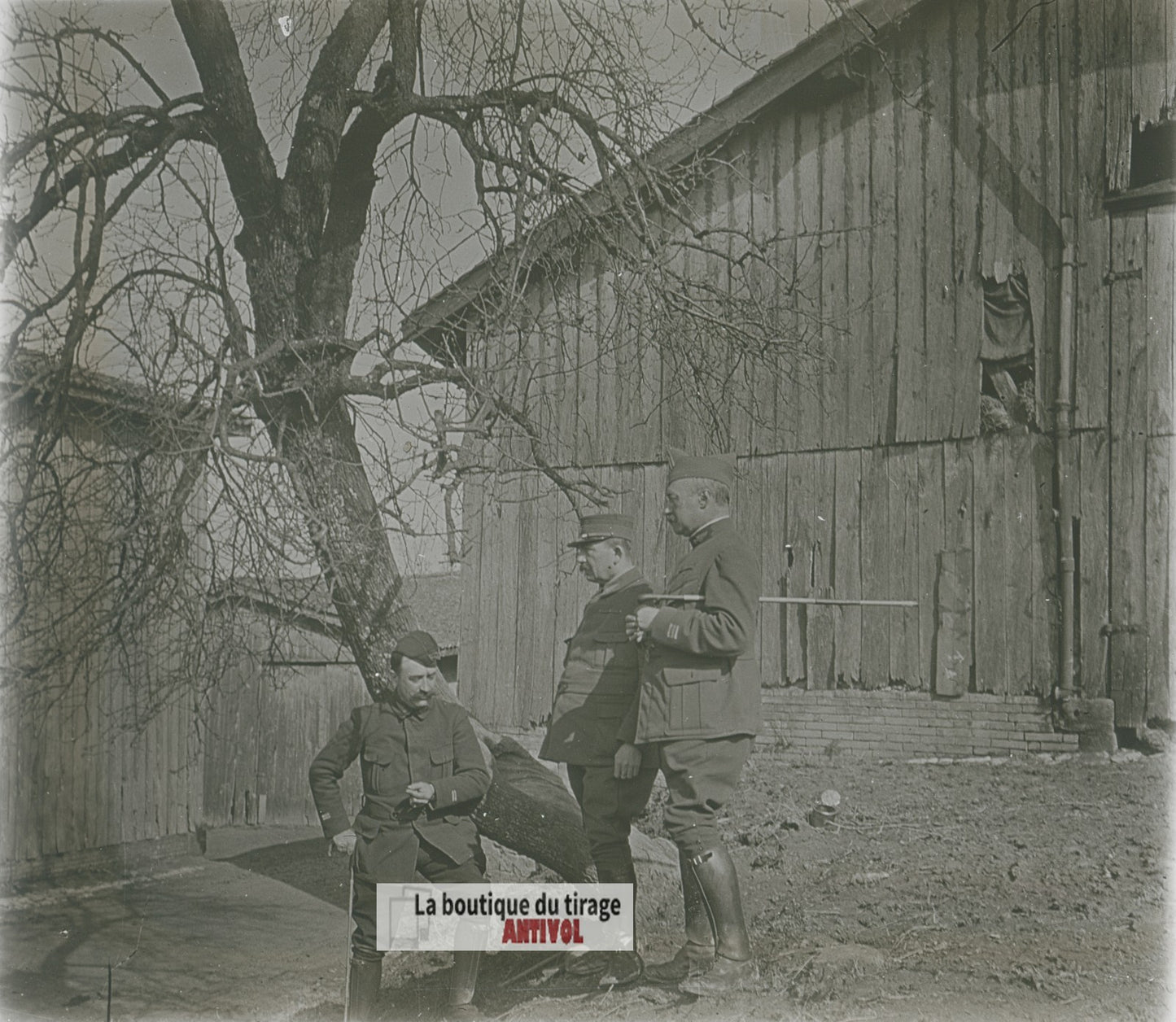 Pause de trois officiers, guerre WW1, plaque verre photo ancienne stéréo 6x13 cm