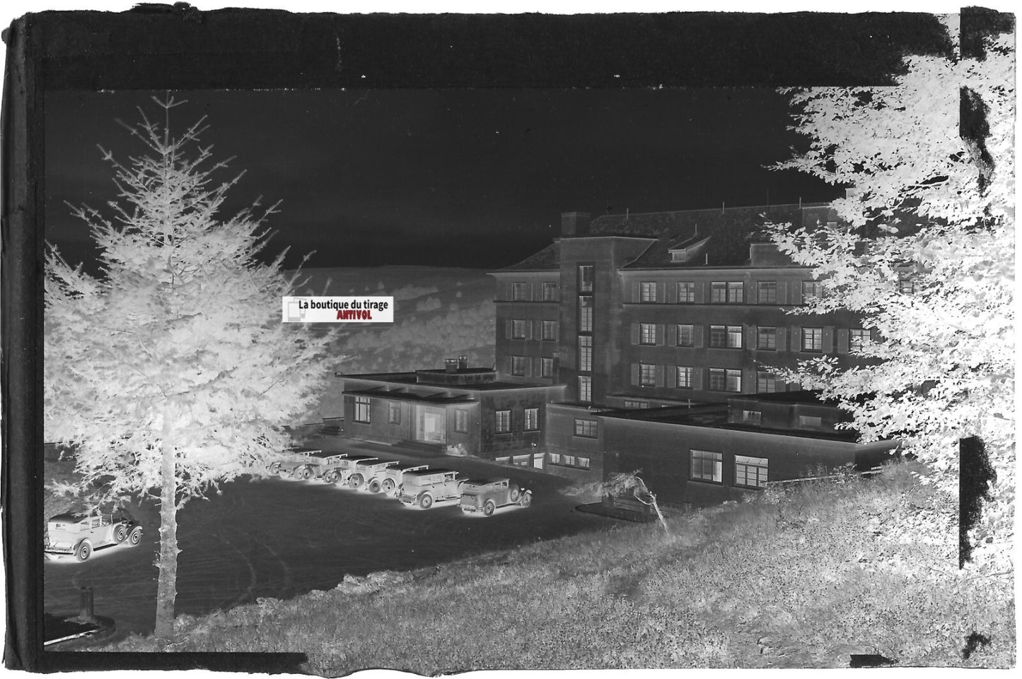Plaque verre photo, négatif noir & blanc 9x14 cm, grand Hôtel Markstein, voiture