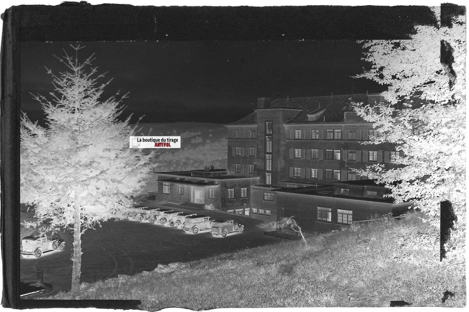 Plaque verre photo, négatif noir & blanc 9x14 cm, grand Hôtel Markstein, voiture