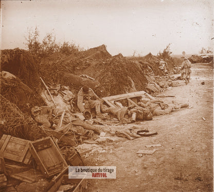 Prise de Courcelles, guerre WW1, plaque verre photo ancienne stéréo 6x13 cm