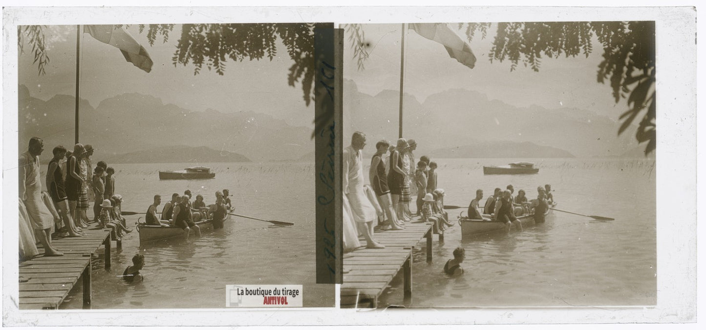 Sevrier, lac d’Annecy, barques, plaque verre photo ancienne stéréo 6x13 cm