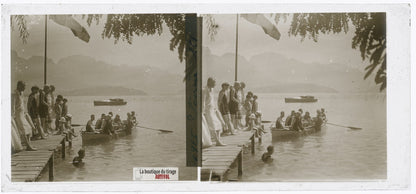 Sevrier, lac d’Annecy, barques, plaque verre photo ancienne stéréo 6x13 cm