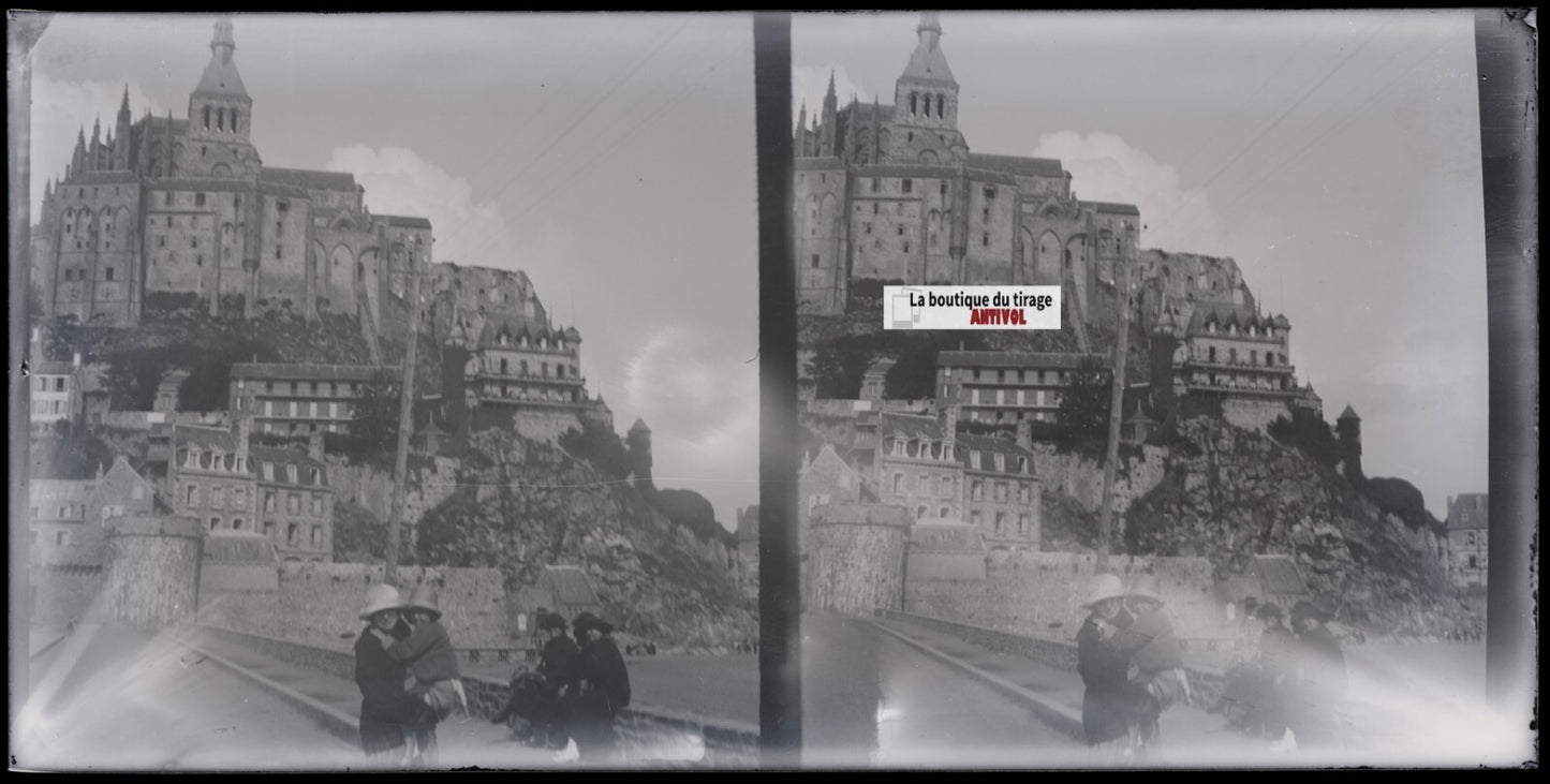 Le Mont-Saint-Michel, Normandie, plaque stéréo ancienne verre, négatif 9x18 cm