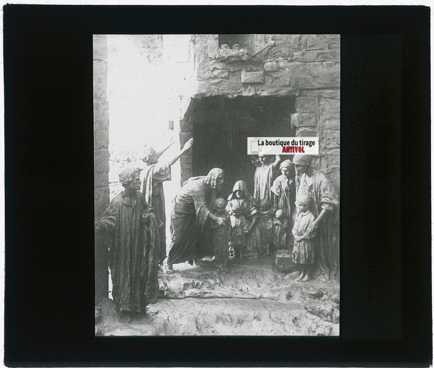 Jésus bénissant les enfants, photo plaque verre, noir & blanc, positif 8,5x10 cm