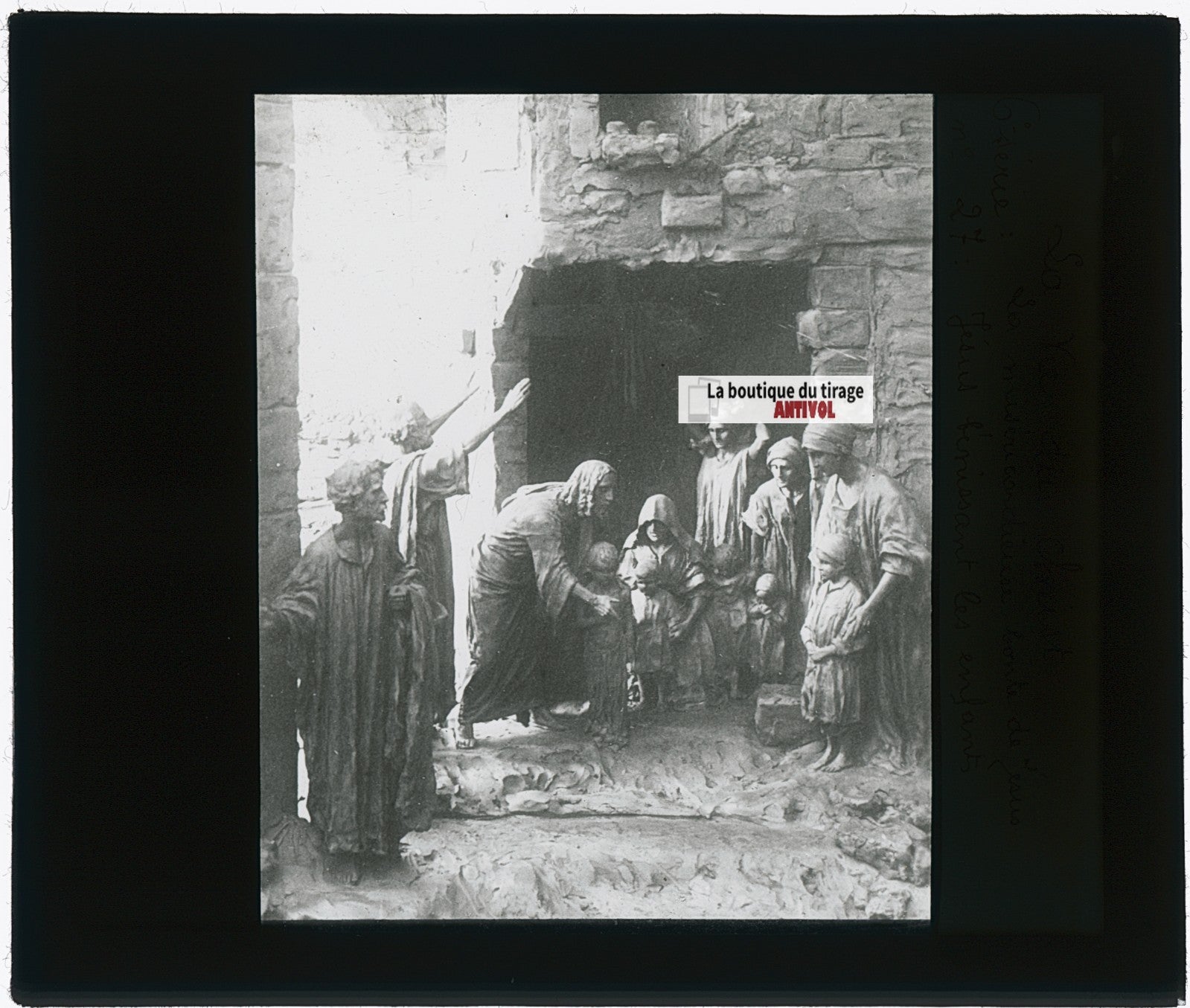Jésus bénissant les enfants, photo plaque verre, noir & blanc, positif 8,5x10 cm