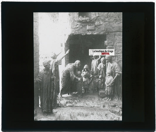 Jésus bénissant les enfants, photo plaque verre, noir & blanc, positif 8,5x10 cm