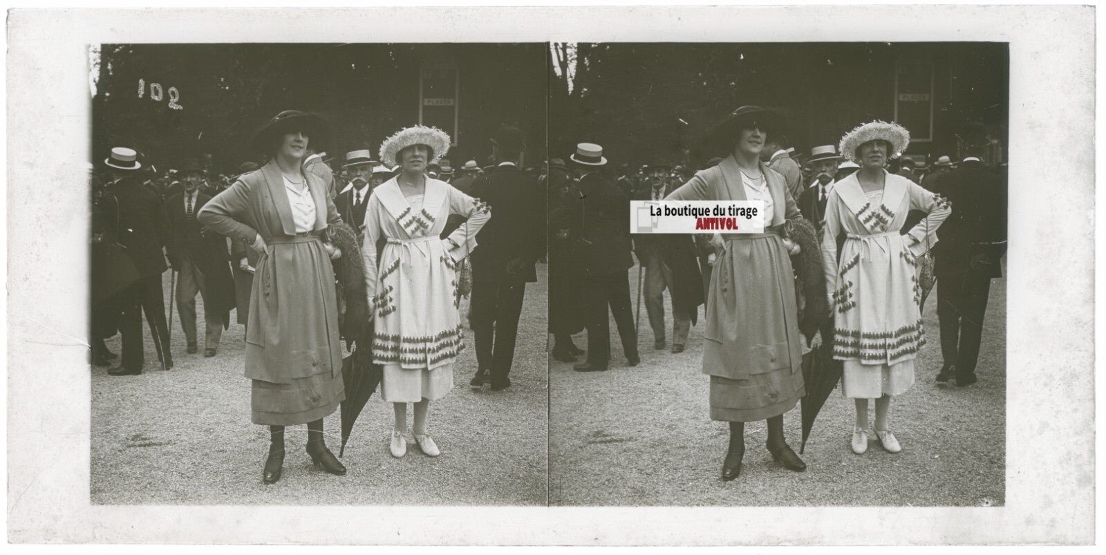 Scène de vie, Longchamp, Paris, plaque verre stéréoscopique, positif 8,5x17 cm