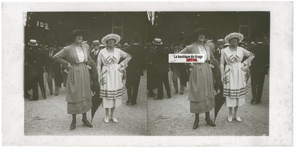 Scène de vie, Longchamp, Paris, plaque verre stéréoscopique, positif 8,5x17 cm