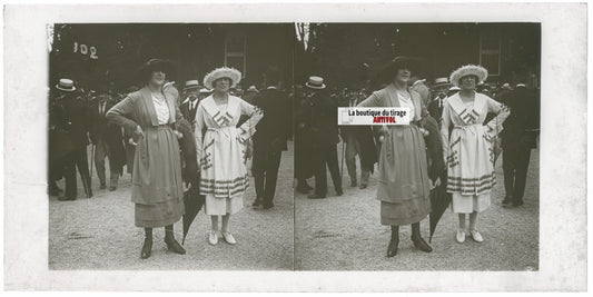 Scène de vie, Longchamp, Paris, plaque verre stéréoscopique, positif 8,5x17 cm