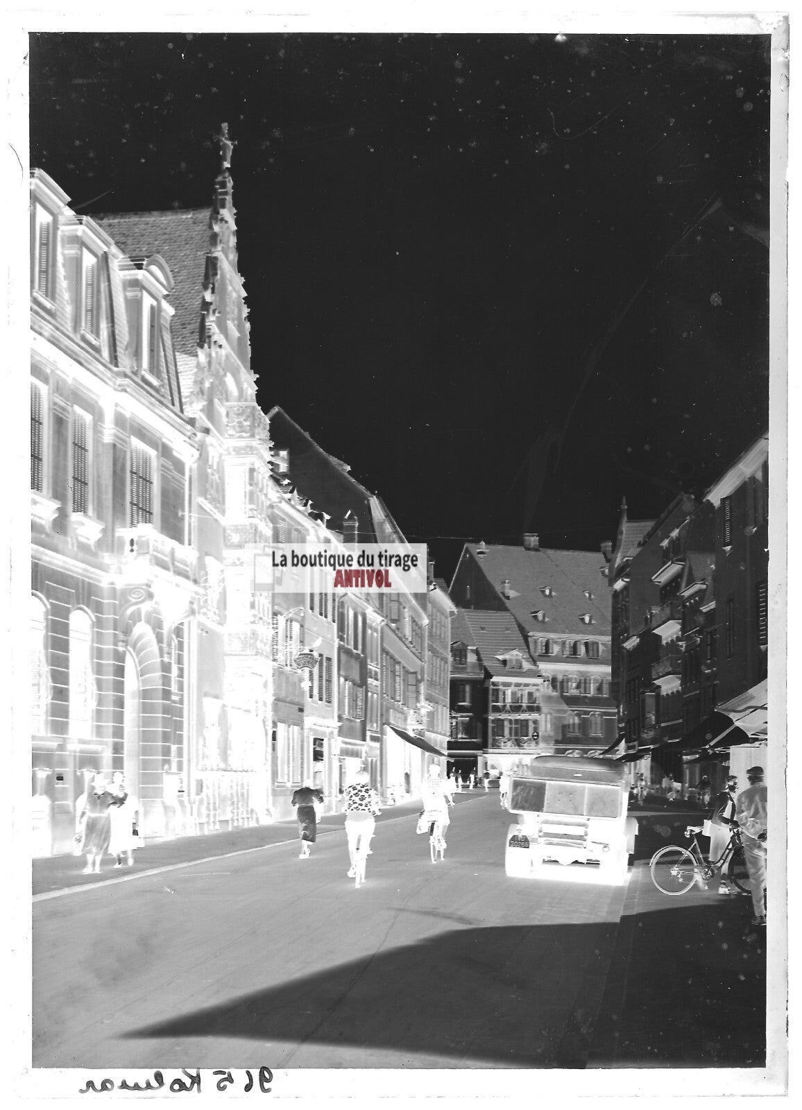 Plaque verre photo ancienne négatif noir et blanc 13x18 cm Colmar camion vélos